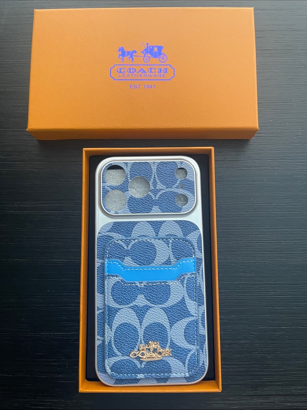 iPhone 17 Pro Max Coach Blue Signature Canvas Phone Case with Card Slot